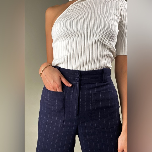 ZARA | Navy Blue Pinstripe High Waisted Wide Leg Pants With Front Pockets | US 2 - Picture 2 of 4